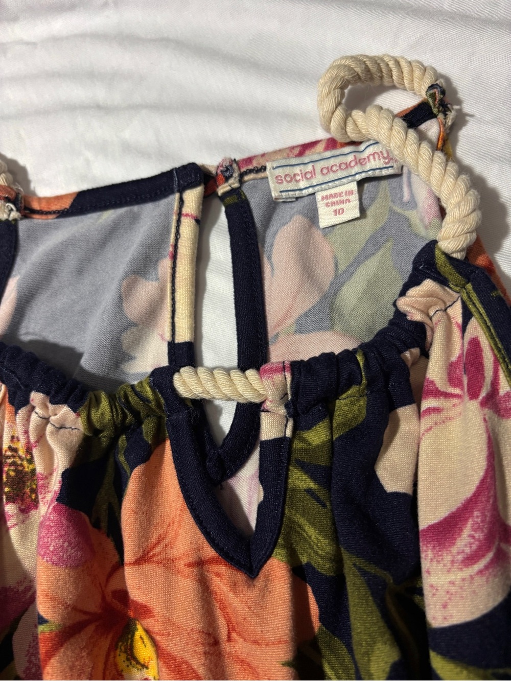 Social Academy Floral Dress Size 10 Rope Strap Handkerchief Hem Navy Pink